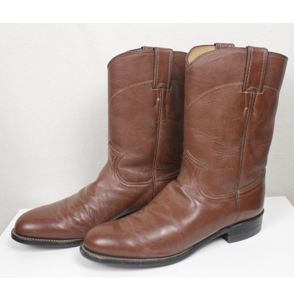 Vintage Justin 3404 Roper Boots Mens 7.5D Brown Leather USA Made Western